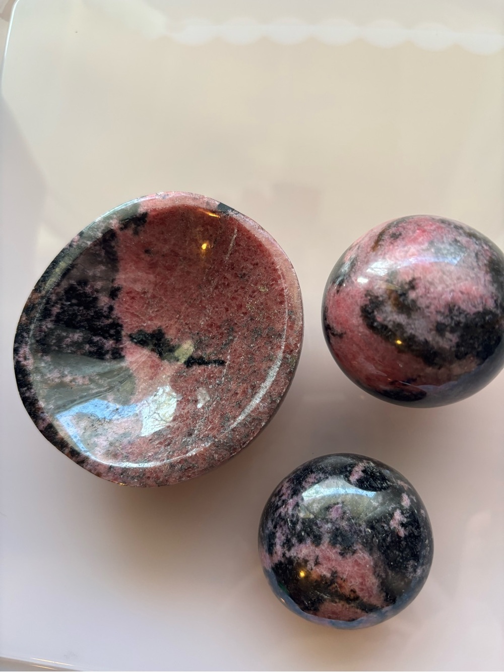 Polished Rhodonite Decorative Bowl, Sphere and palm stone- Pink and Black